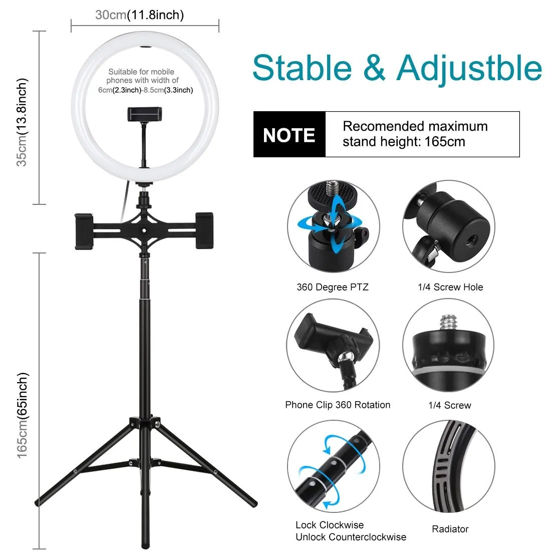 11.8 Led Ring Light Kit with Tripod & Dual Phone Bracket - 3 Modes Dual Colour Temperature Usb Live Broadcast - Black