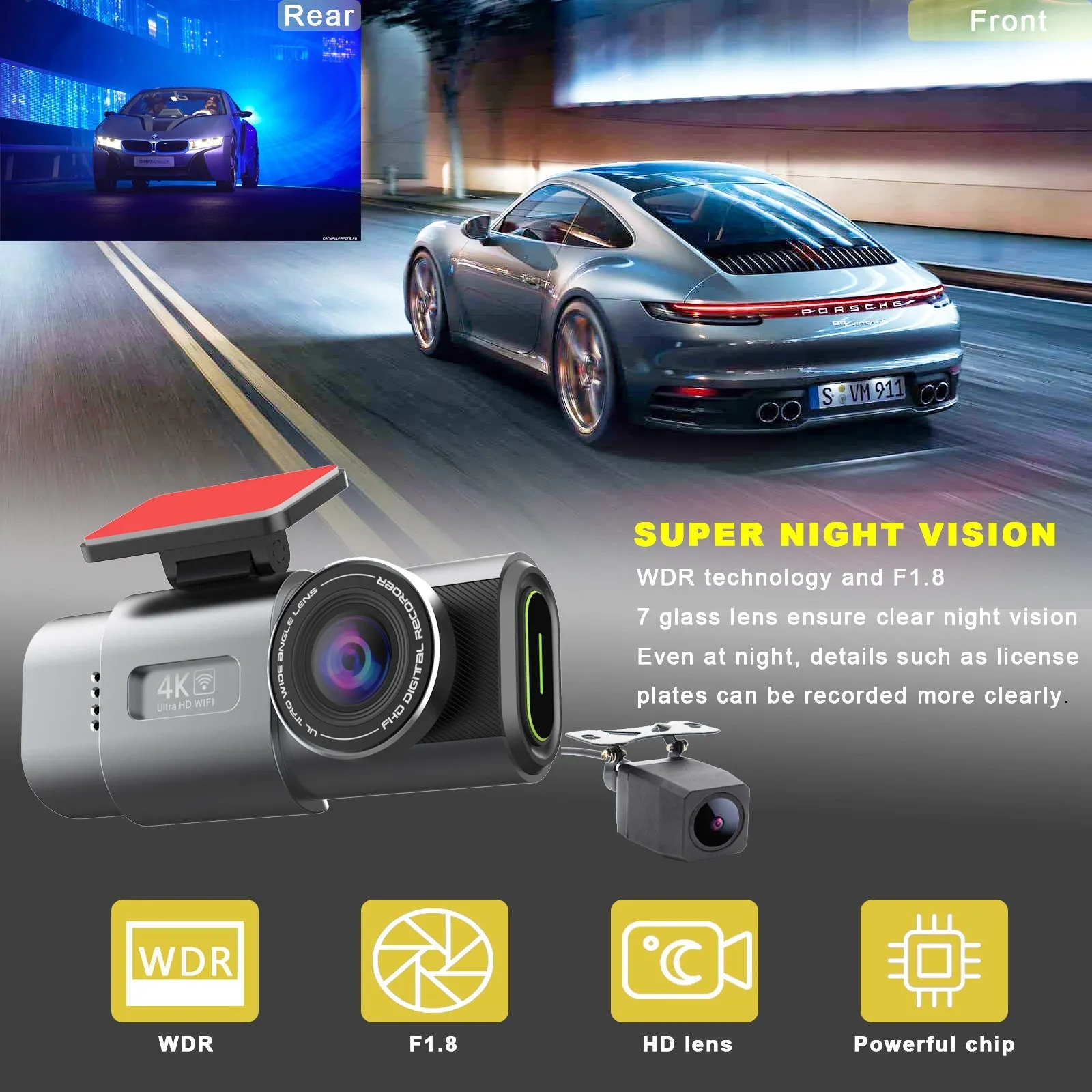 4K Dash Cam UHD 2160P | WiFi Front Dashcam | Night Vision | 64GB Card