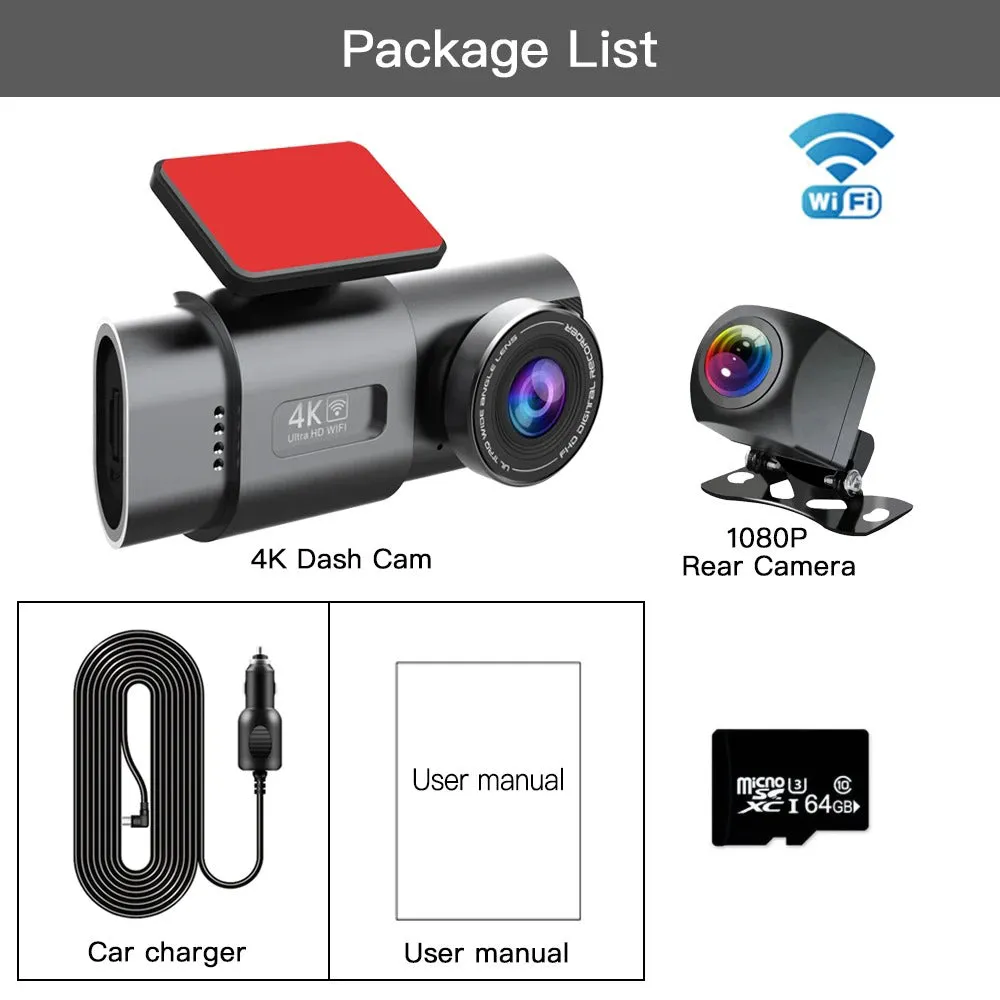 4K Dash Cam UHD 2160P | WiFi Front Dashcam | Night Vision | 64GB Card