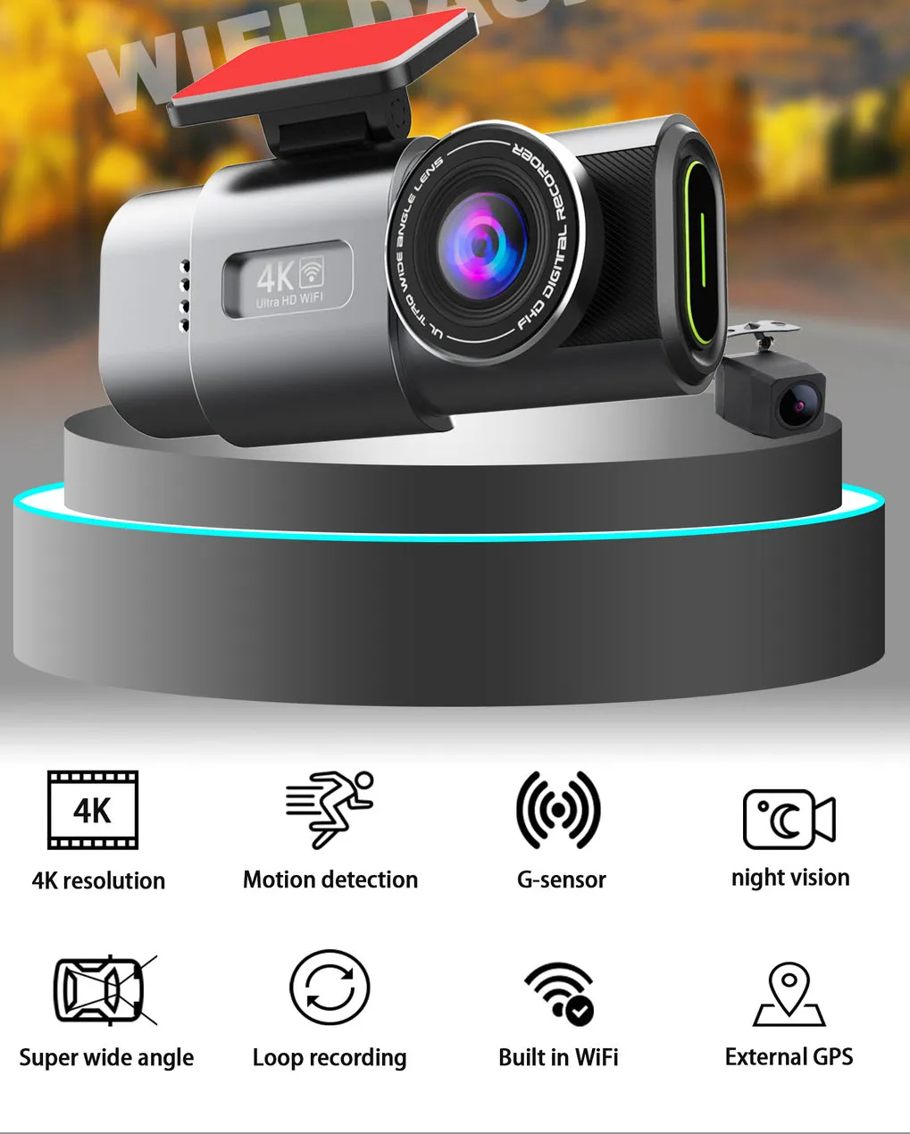 4K Dash Cam UHD 2160P | WiFi Front Dashcam | Night Vision | 64GB Card