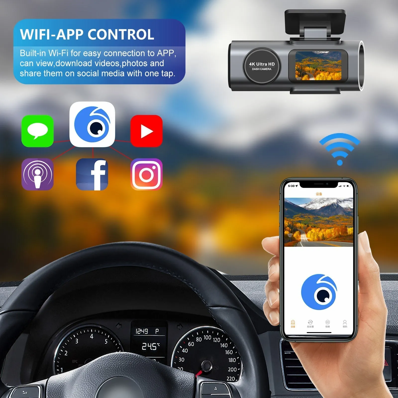 4K Dash Cam UHD 2160P | WiFi Front Dashcam | Night Vision | 64GB Card