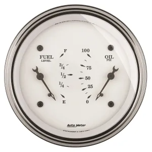 AutoMeter 1613 GAUGE; DUAL; FUEL/OILP; 3 3/8in.; 240OE-33OF/100PSI; ELEC; OLD TYME WHT