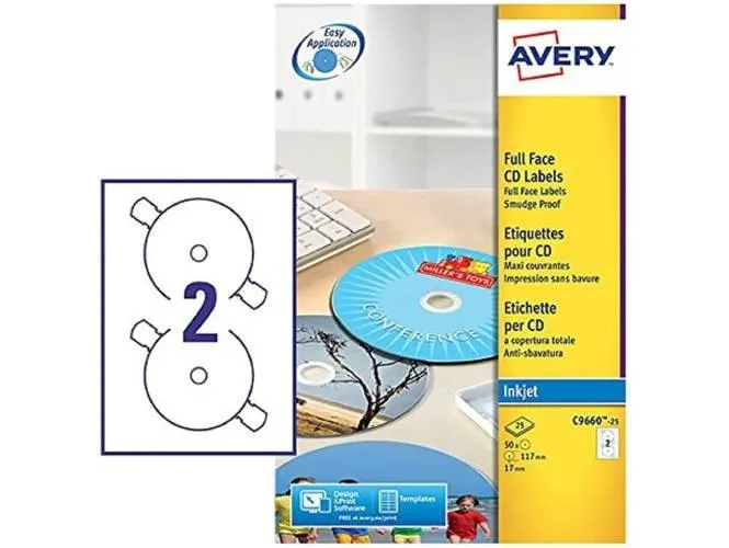 Avery C9660-25 High Gloss CD Labels, Ø 117 mm for Inkjet Printers PK-50