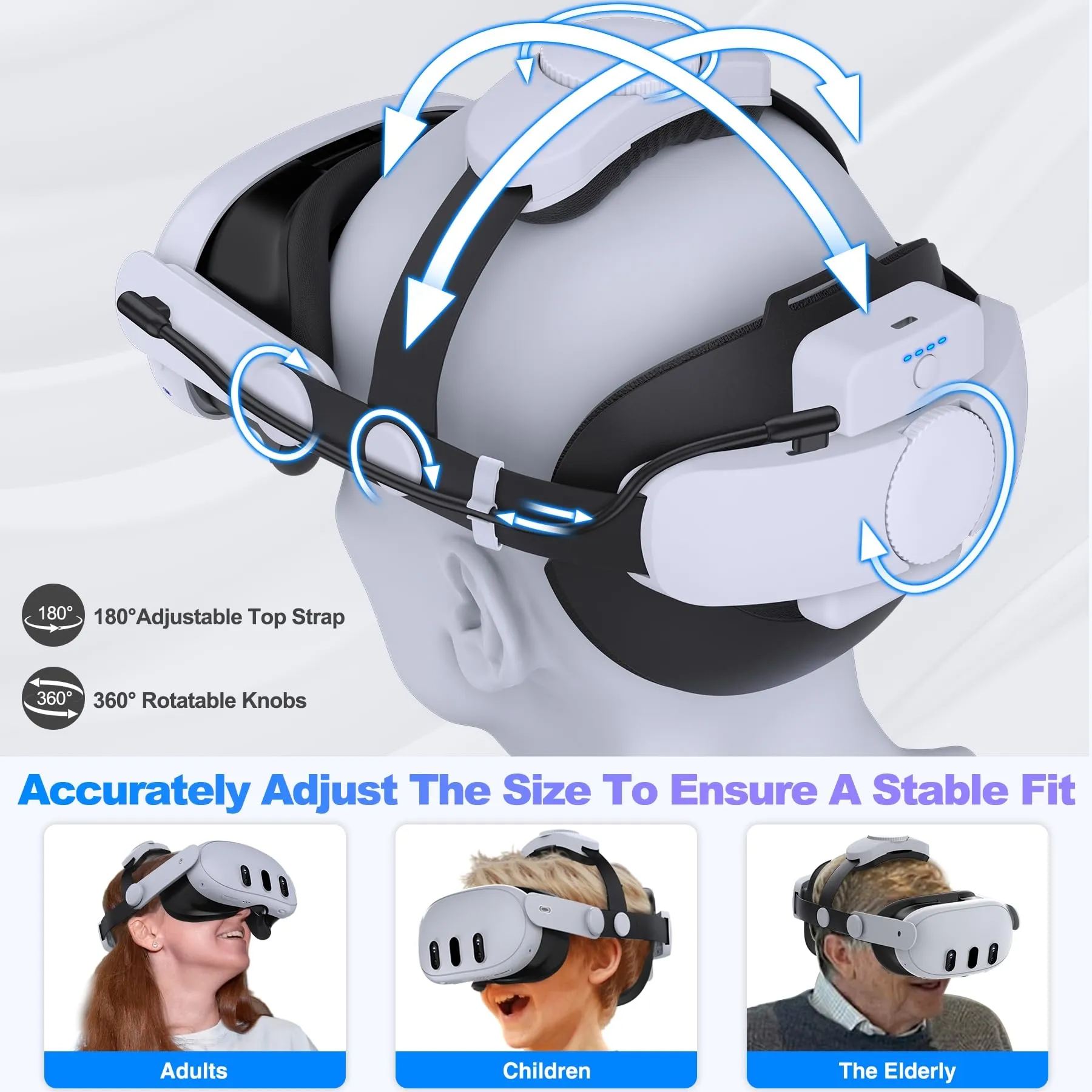 Battery Head Strap 7500mAh for Meta Quest 3/Quest 2,Double Knobs Adjustable Elite Strap with Detachable Battery Pack,VR Accessories Strap Enhanced Support&Comfort Extend Playtime for Oculus Quest 3/2