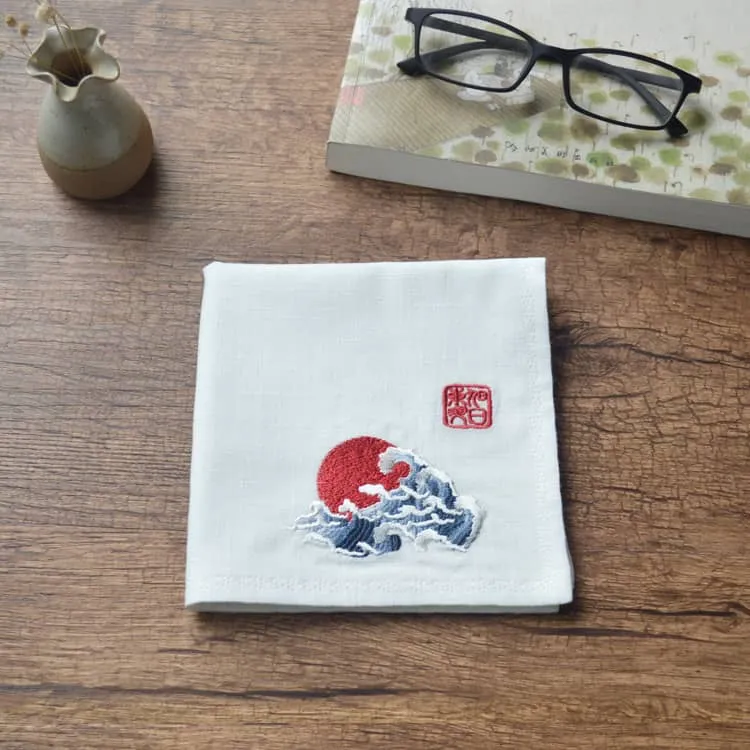Chinese Handkerchief with the Embroidered Pattern of the Sun and Wave (Customizable)