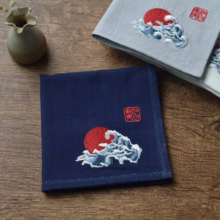 Chinese Handkerchief with the Embroidered Pattern of the Sun and Wave (Customizable)
