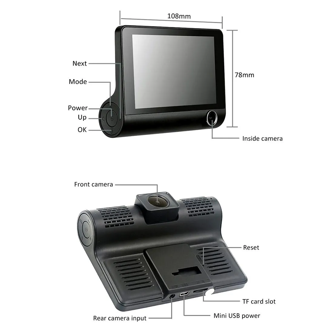 Full Hd 1080p 3-channel Car Dvr with 4 Ips Screen 5mp Camera and 170 Degree Wide Angle