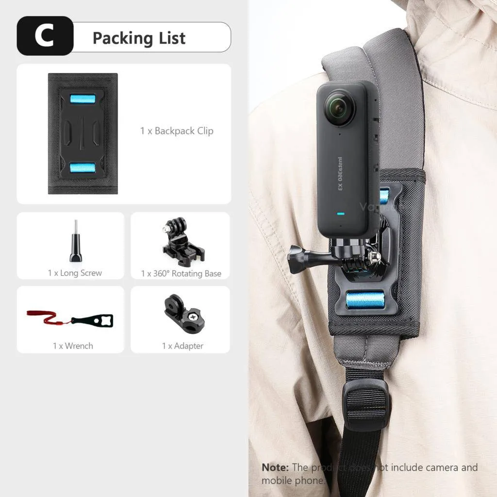 Vamson for Insta360 X3 Accessories 360 Degree Rotary Backpack Clip Clamp Mount